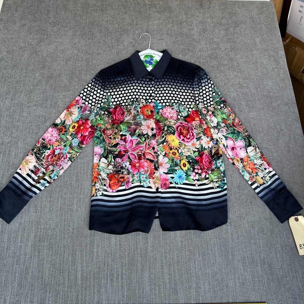 BASLER Shirt Top Women 40 Multi Floral Polka Dot Long Sleeve Boho Chic Button Up